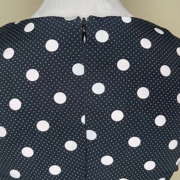 Dress Barn Vintage Black White Polka Dot Ruched Waist Cap Sleeve Midi Dress Sz 4 - Picture 6 of 13